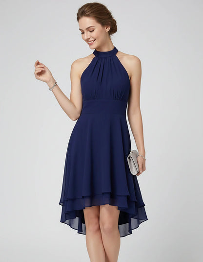 Chiffon Sleeveless Halter A-Line Mini Dress with Layered Hem for Party, Cocktail, Evening, Summer & Wedding Guest Events, fro | SKU: VMD-583920174615283-NAVY-L,VMD-583920174615283-NAVY-M,VMD-583920174615283-NAVY-S,VMD-583920174615283-NAVY-XL,VMD-583920174615283-NAVY-XS