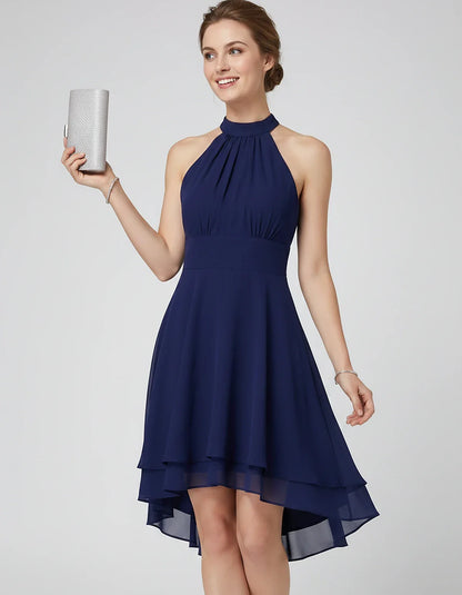 Chiffon Sleeveless Halter A-Line Mini Dress with Layered Hem for Party, Cocktail, Evening, Summer & Wedding Guest Events, fro | SKU: VMD-583920174615283-NAVY-L,VMD-583920174615283-NAVY-M,VMD-583920174615283-NAVY-S,VMD-583920174615283-NAVY-XL,VMD-583920174615283-NAVY-XS