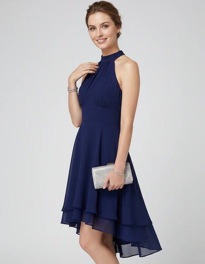 Chiffon Sleeveless Halter A-Line Mini Dress with Layered Hem for Party, Cocktail, Evening, Summer & Wedding Guest Events, sid | SKU: VMD-583920174615283-NAVY-L,VMD-583920174615283-NAVY-M,VMD-583920174615283-NAVY-S,VMD-583920174615283-NAVY-XL,VMD-583920174615283-NAVY-XS