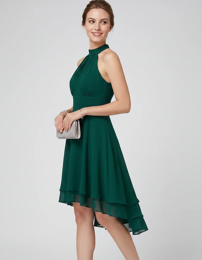 Chiffon Sleeveless Halter A-Line Mini Dress with Layered Hem for Party, Cocktail, Evening, Summer & Wedding Guest Events, sid | SKU: VMD-583920174615283-GREEN-L,VMD-583920174615283-GREEN-M,VMD-583920174615283-GREEN-S,VMD-583920174615283-GREEN-XL,VMD-583920174615283-GREEN-XS