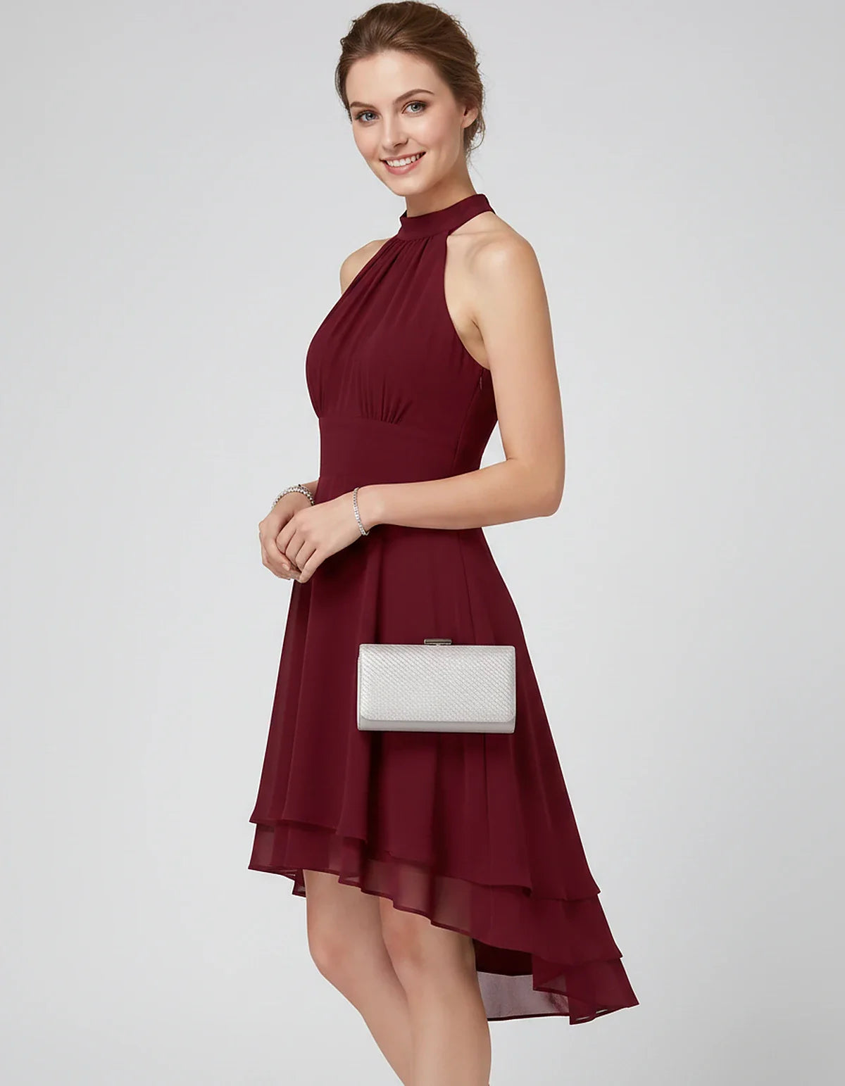 Chiffon Sleeveless Halter A-Line Mini Dress with Layered Hem for Party, Cocktail, Evening, Summer & Wedding Guest Events, sid | SKU: VMD-583920174615283-CLARET-L,VMD-583920174615283-CLARET-M,VMD-583920174615283-CLARET-S,VMD-583920174615283-CLARET-XL,VMD-583920174615283-CLARET-XS