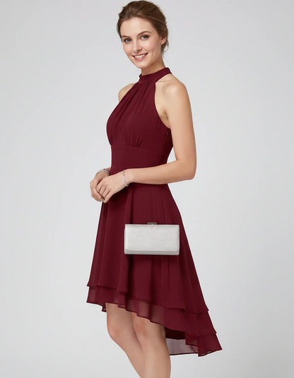 Chiffon Sleeveless Halter A-Line Mini Dress with Layered Hem for Party, Cocktail, Evening, Summer & Wedding Guest Events, sid | SKU: VMD-583920174615283-CLARET-L,VMD-583920174615283-CLARET-M,VMD-583920174615283-CLARET-S,VMD-583920174615283-CLARET-XL,VMD-583920174615283-CLARET-XS