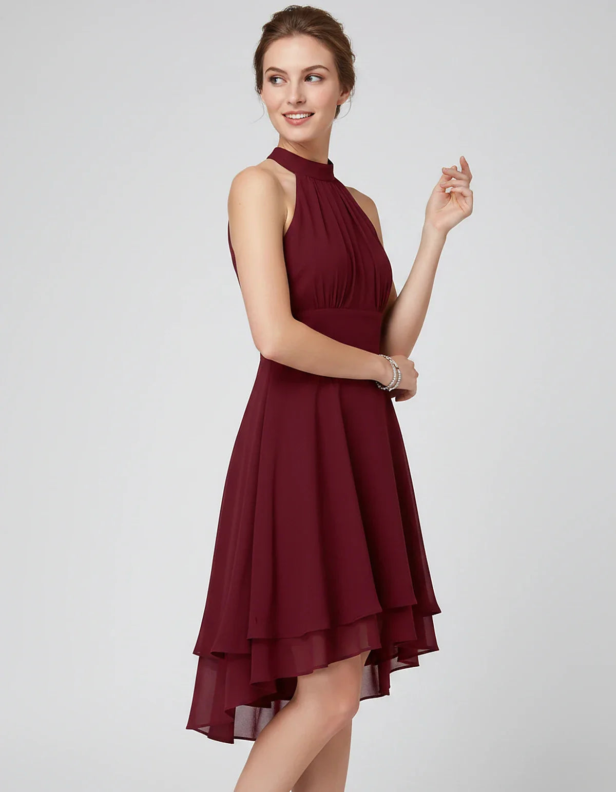 Chiffon Sleeveless Halter A-Line Mini Dress with Layered Hem for Party, Cocktail, Evening, Summer & Wedding Guest Events, sid | SKU: VMD-583920174615283-CLARET-L,VMD-583920174615283-CLARET-M,VMD-583920174615283-CLARET-S,VMD-583920174615283-CLARET-XL,VMD-583920174615283-CLARET-XS