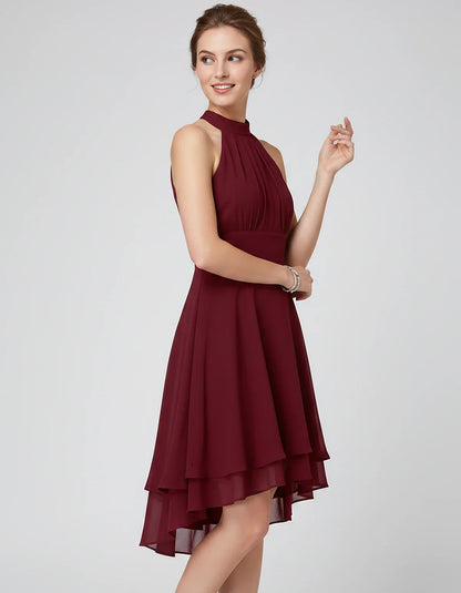 Chiffon Sleeveless Halter A-Line Mini Dress with Layered Hem for Party, Cocktail, Evening, Summer & Wedding Guest Events, sid | SKU: VMD-583920174615283-CLARET-L,VMD-583920174615283-CLARET-M,VMD-583920174615283-CLARET-S,VMD-583920174615283-CLARET-XL,VMD-583920174615283-CLARET-XS