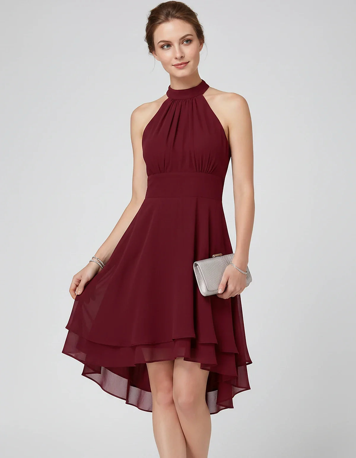 Chiffon Sleeveless Halter A-Line Mini Dress with Layered Hem for Party, Cocktail, Evening, Summer & Wedding Guest Events, fro | SKU: VMD-583920174615283-CLARET-L,VMD-583920174615283-CLARET-M,VMD-583920174615283-CLARET-S,VMD-583920174615283-CLARET-XL,VMD-583920174615283-CLARET-XS