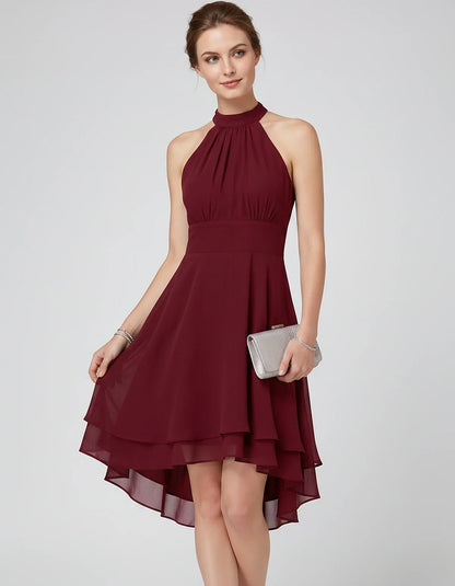 Chiffon Sleeveless Halter A-Line Mini Dress with Layered Hem for Party, Cocktail, Evening, Summer & Wedding Guest Events, fro | SKU: VMD-583920174615283-CLARET-L,VMD-583920174615283-CLARET-M,VMD-583920174615283-CLARET-S,VMD-583920174615283-CLARET-XL,VMD-583920174615283-CLARET-XS