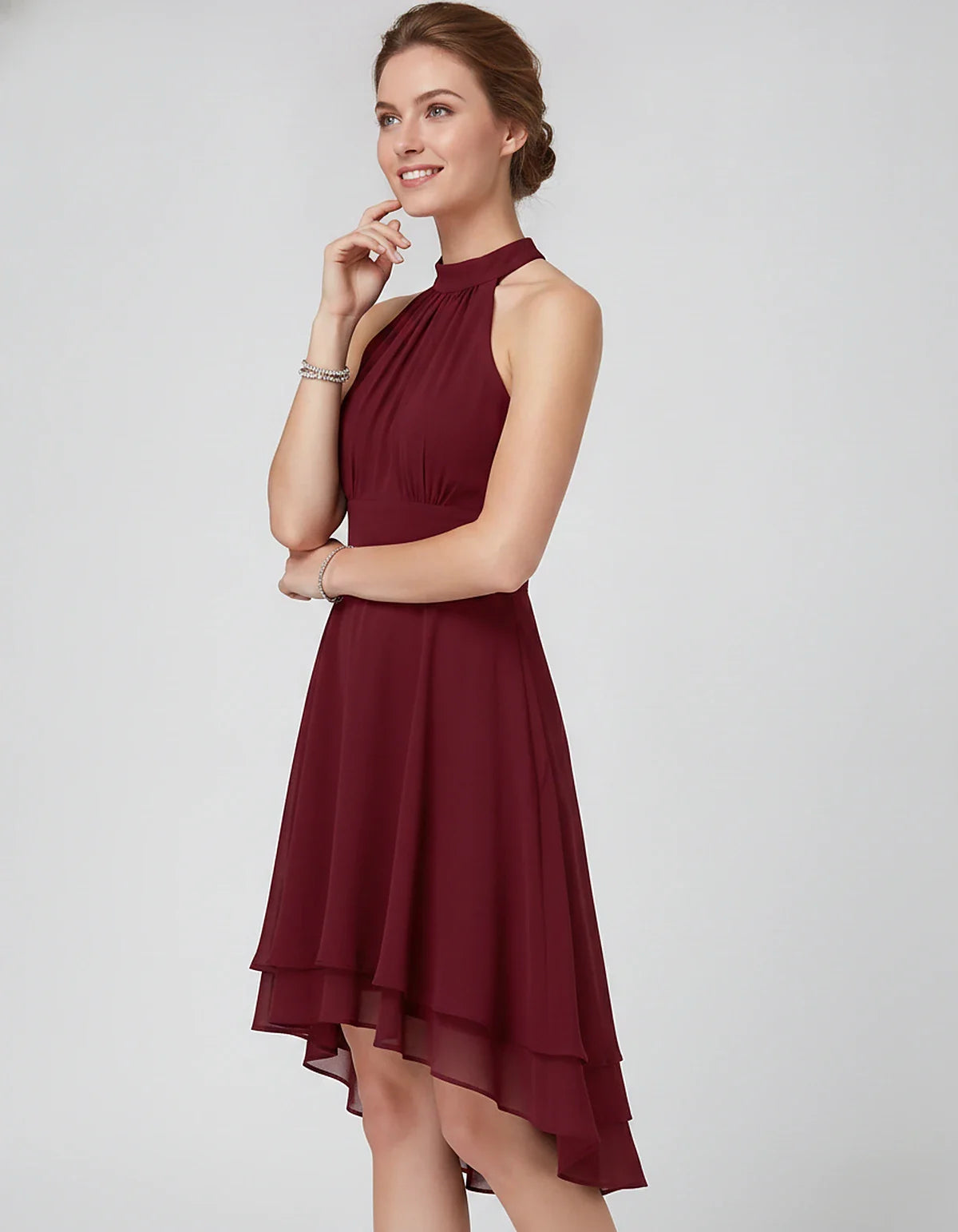 Chiffon Sleeveless Halter A-Line Mini Dress with Layered Hem for Party, Cocktail, Evening, Summer & Wedding Guest Events, sid | SKU: VMD-583920174615283-CLARET-L,VMD-583920174615283-CLARET-M,VMD-583920174615283-CLARET-S,VMD-583920174615283-CLARET-XL,VMD-583920174615283-CLARET-XS
