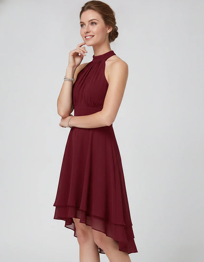 Chiffon Sleeveless Halter A-Line Mini Dress with Layered Hem for Party, Cocktail, Evening, Summer & Wedding Guest Events, sid | SKU: VMD-583920174615283-CLARET-L,VMD-583920174615283-CLARET-M,VMD-583920174615283-CLARET-S,VMD-583920174615283-CLARET-XL,VMD-583920174615283-CLARET-XS