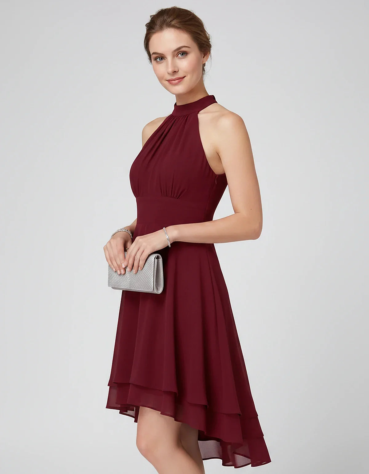 Chiffon Sleeveless Halter A-Line Mini Dress with Layered Hem for Party, Cocktail, Evening, Summer & Wedding Guest Events, sid | SKU: VMD-583920174615283-CLARET-L,VMD-583920174615283-CLARET-M,VMD-583920174615283-CLARET-S,VMD-583920174615283-CLARET-XL,VMD-583920174615283-CLARET-XS