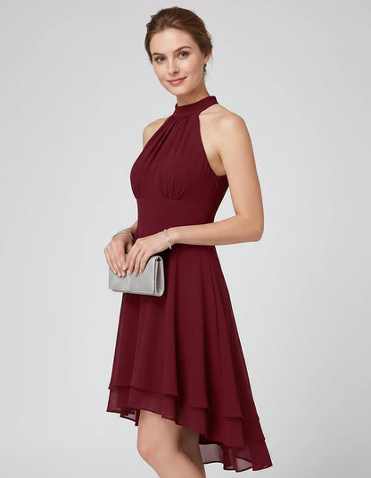 Chiffon Sleeveless Halter A-Line Mini Dress with Layered Hem for Party, Cocktail, Evening, Summer & Wedding Guest Events, sid | SKU: VMD-583920174615283-CLARET-L,VMD-583920174615283-CLARET-M,VMD-583920174615283-CLARET-S,VMD-583920174615283-CLARET-XL,VMD-583920174615283-CLARET-XS