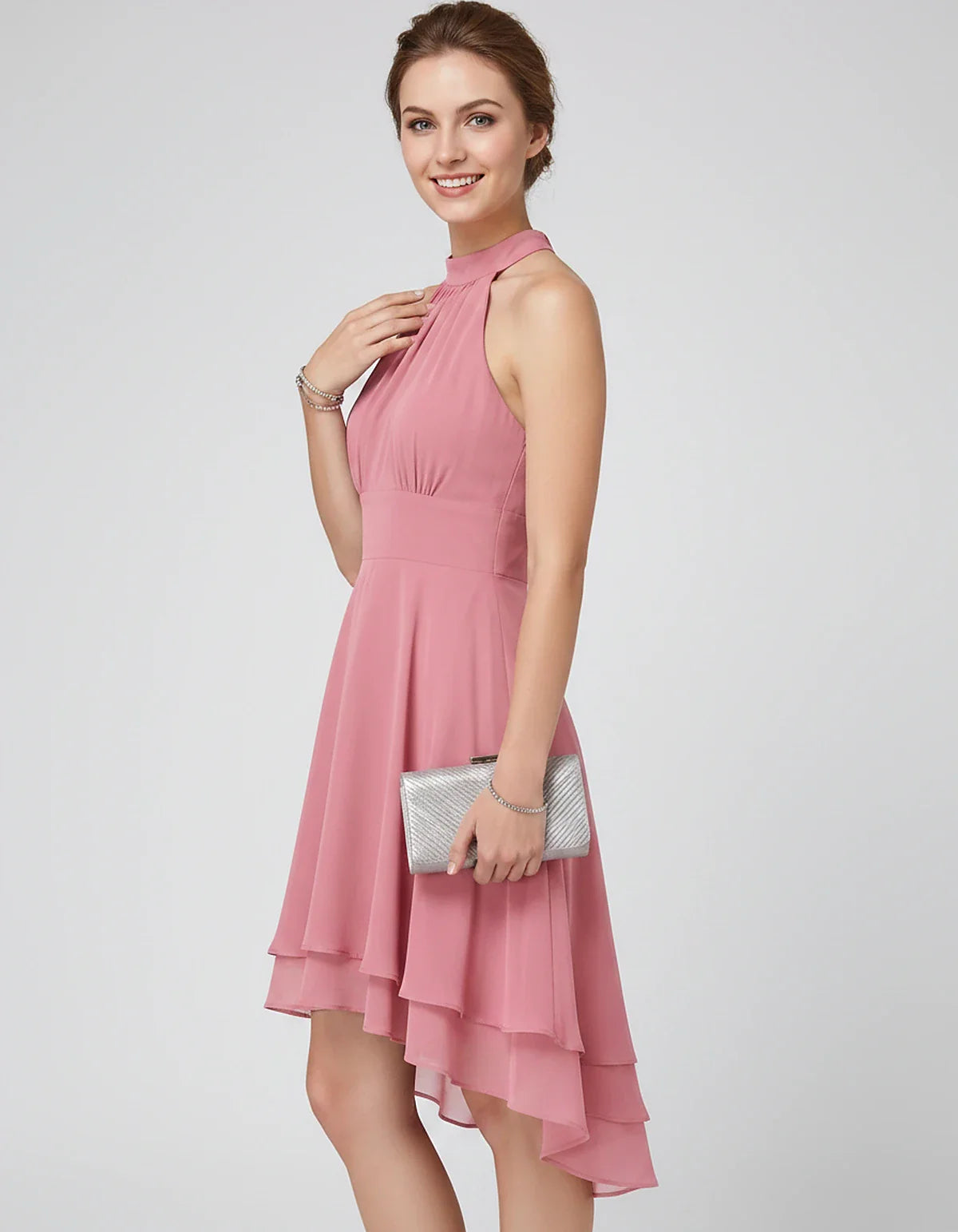Chiffon Sleeveless Halter A-Line Mini Dress with Layered Hem for Party, Cocktail, Evening, Summer & Wedding Guest Events, sid | SKU: VMD-583920174615283-PINK-L,VMD-583920174615283-PINK-M,VMD-583920174615283-PINK-S,VMD-583920174615283-PINK-XL,VMD-583920174615283-PINK-XS