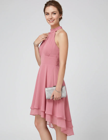 Chiffon Sleeveless Halter A-Line Mini Dress with Layered Hem for Party, Cocktail, Evening, Summer & Wedding Guest Events, sid | SKU: VMD-583920174615283-PINK-L,VMD-583920174615283-PINK-M,VMD-583920174615283-PINK-S,VMD-583920174615283-PINK-XL,VMD-583920174615283-PINK-XS