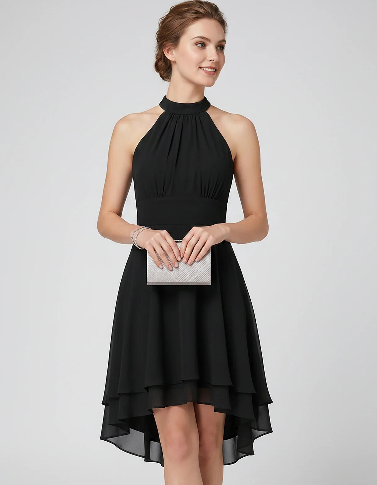 Chiffon Sleeveless Halter A-Line Mini Dress with Layered Hem for Party, Cocktail, Evening, Summer & Wedding Guest Events, fro | SKU: VMD-583920174615283-BLACK-L,VMD-583920174615283-BLACK-M,VMD-583920174615283-BLACK-S,VMD-583920174615283-BLACK-XL,VMD-583920174615283-BLACK-XS
