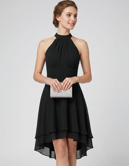 Chiffon Sleeveless Halter A-Line Mini Dress with Layered Hem for Party, Cocktail, Evening, Summer & Wedding Guest Events, fro | SKU: VMD-583920174615283-BLACK-L,VMD-583920174615283-BLACK-M,VMD-583920174615283-BLACK-S,VMD-583920174615283-BLACK-XL,VMD-583920174615283-BLACK-XS