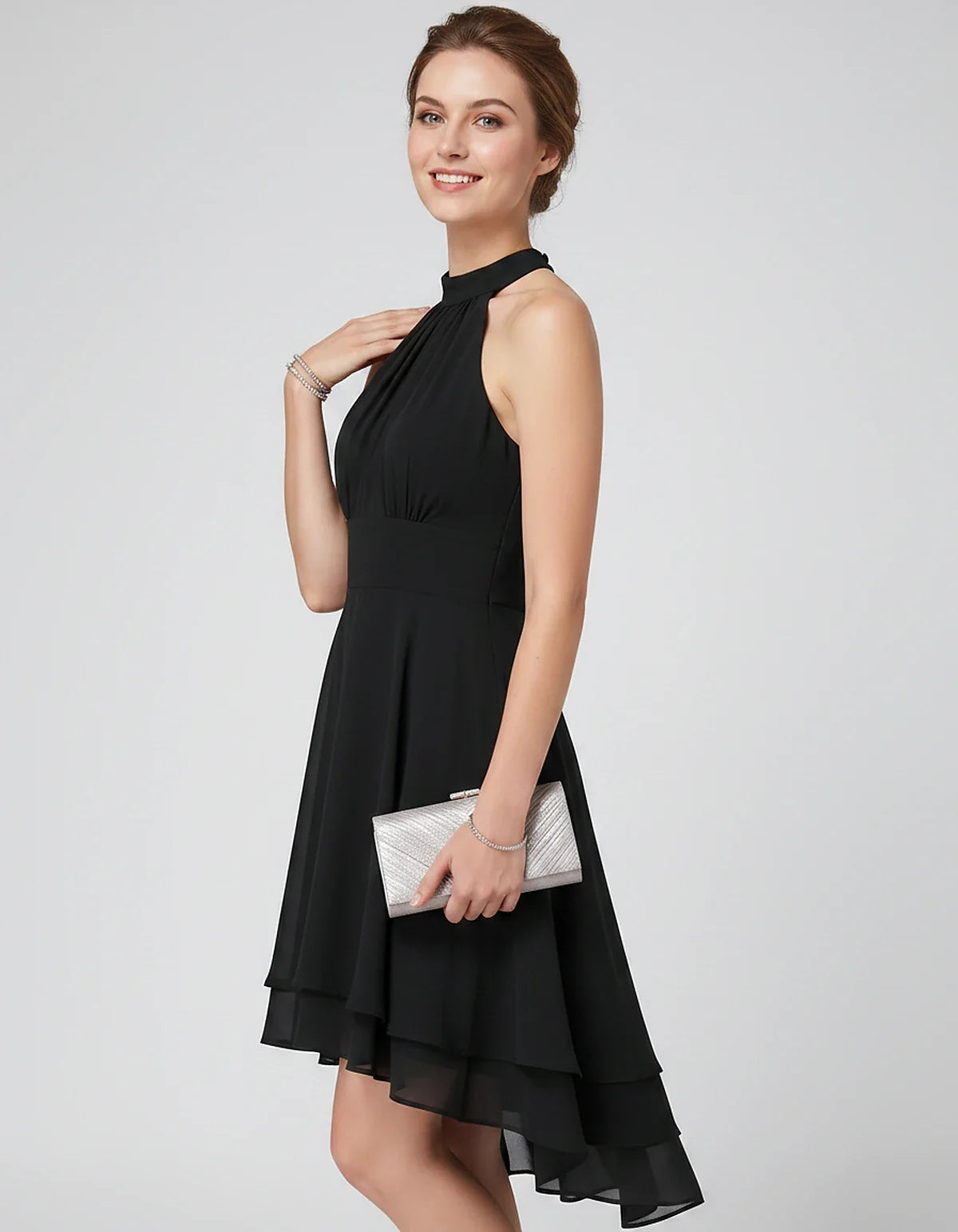 Chiffon Sleeveless Halter A-Line Mini Dress with Layered Hem for Party, Cocktail, Evening, Summer & Wedding Guest Events, sid | SKU: VMD-583920174615283-BLACK-L,VMD-583920174615283-BLACK-M,VMD-583920174615283-BLACK-S,VMD-583920174615283-BLACK-XL,VMD-583920174615283-BLACK-XS