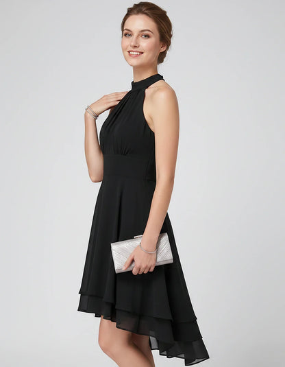 Chiffon Sleeveless Halter A-Line Mini Dress with Layered Hem for Party, Cocktail, Evening, Summer & Wedding Guest Events, sid | SKU: VMD-583920174615283-BLACK-L,VMD-583920174615283-BLACK-M,VMD-583920174615283-BLACK-S,VMD-583920174615283-BLACK-XL,VMD-583920174615283-BLACK-XS