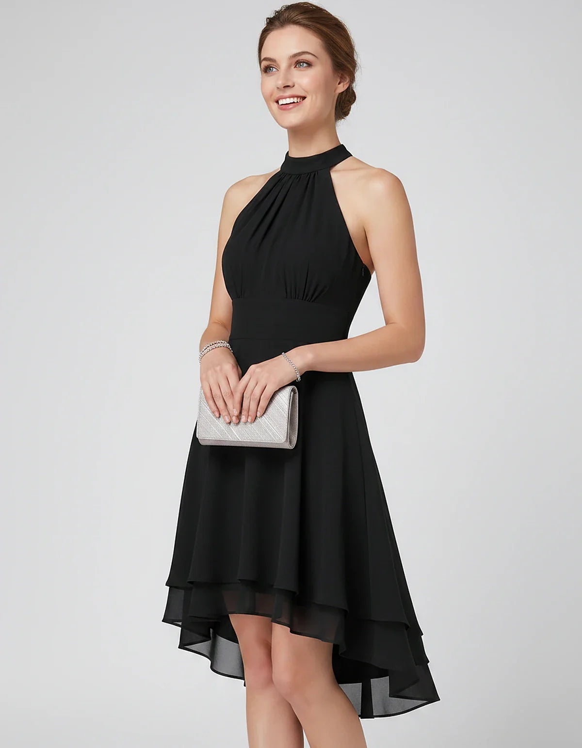 Chiffon Sleeveless Halter A-Line Mini Dress with Layered Hem for Party, Cocktail, Evening, Summer & Wedding Guest Events, sid | SKU: VMD-583920174615283-BLACK-L,VMD-583920174615283-BLACK-M,VMD-583920174615283-BLACK-S,VMD-583920174615283-BLACK-XL,VMD-583920174615283-BLACK-XS