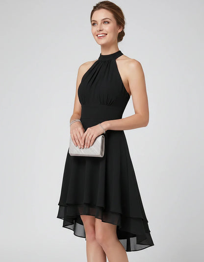 Chiffon Sleeveless Halter A-Line Mini Dress with Layered Hem for Party, Cocktail, Evening, Summer & Wedding Guest Events, sid | SKU: VMD-583920174615283-BLACK-L,VMD-583920174615283-BLACK-M,VMD-583920174615283-BLACK-S,VMD-583920174615283-BLACK-XL,VMD-583920174615283-BLACK-XS