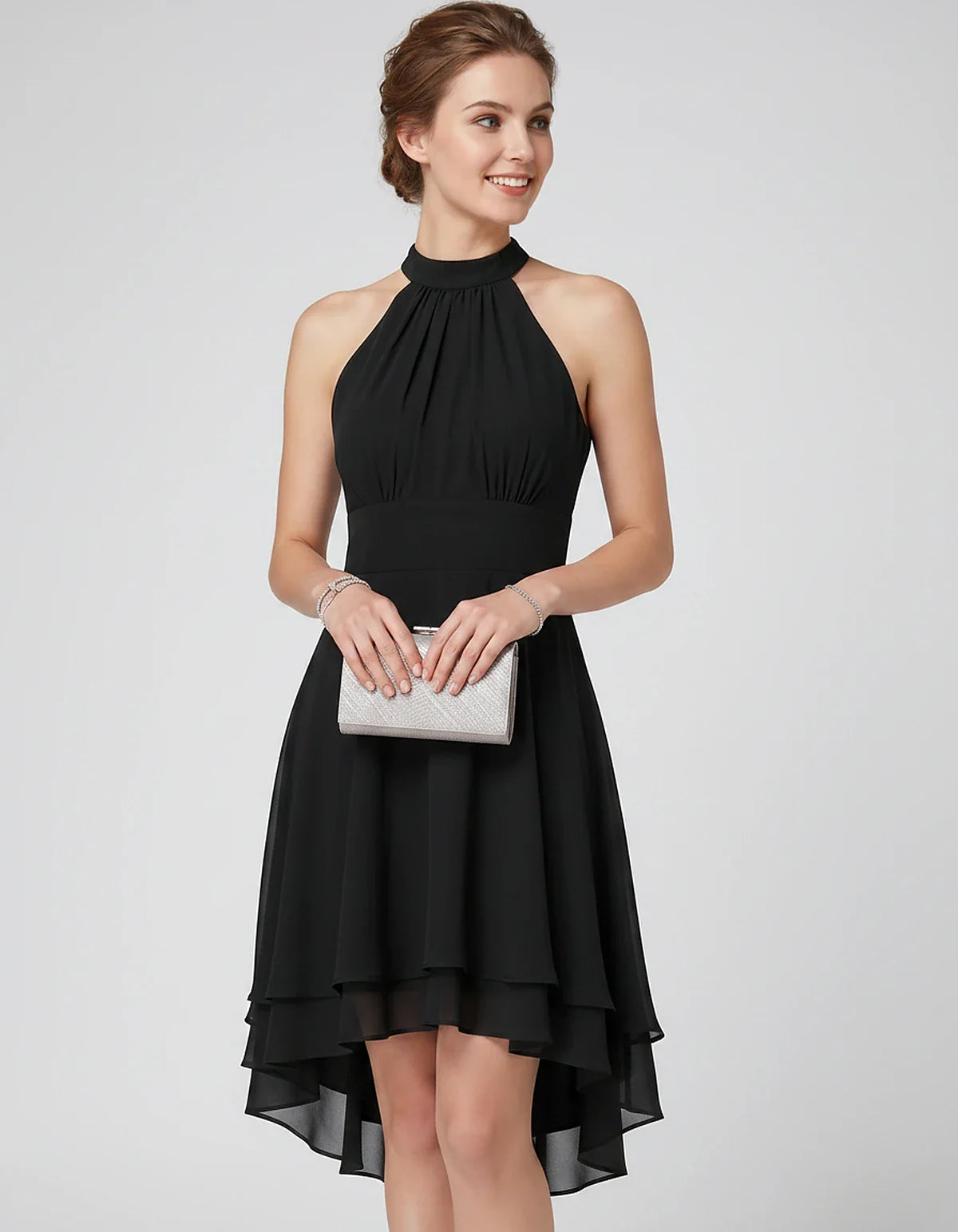 Chiffon Sleeveless Halter A-Line Mini Dress with Layered Hem for Party, Cocktail, Evening, Summer & Wedding Guest Events, fro | SKU: VMD-583920174615283-BLACK-L,VMD-583920174615283-BLACK-M,VMD-583920174615283-BLACK-S,VMD-583920174615283-BLACK-XL,VMD-583920174615283-BLACK-XS