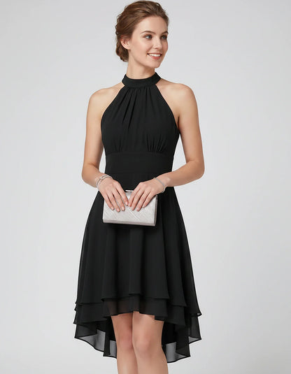 Chiffon Sleeveless Halter A-Line Mini Dress with Layered Hem for Party, Cocktail, Evening, Summer & Wedding Guest Events, fro | SKU: VMD-583920174615283-BLACK-L,VMD-583920174615283-BLACK-M,VMD-583920174615283-BLACK-S,VMD-583920174615283-BLACK-XL,VMD-583920174615283-BLACK-XS