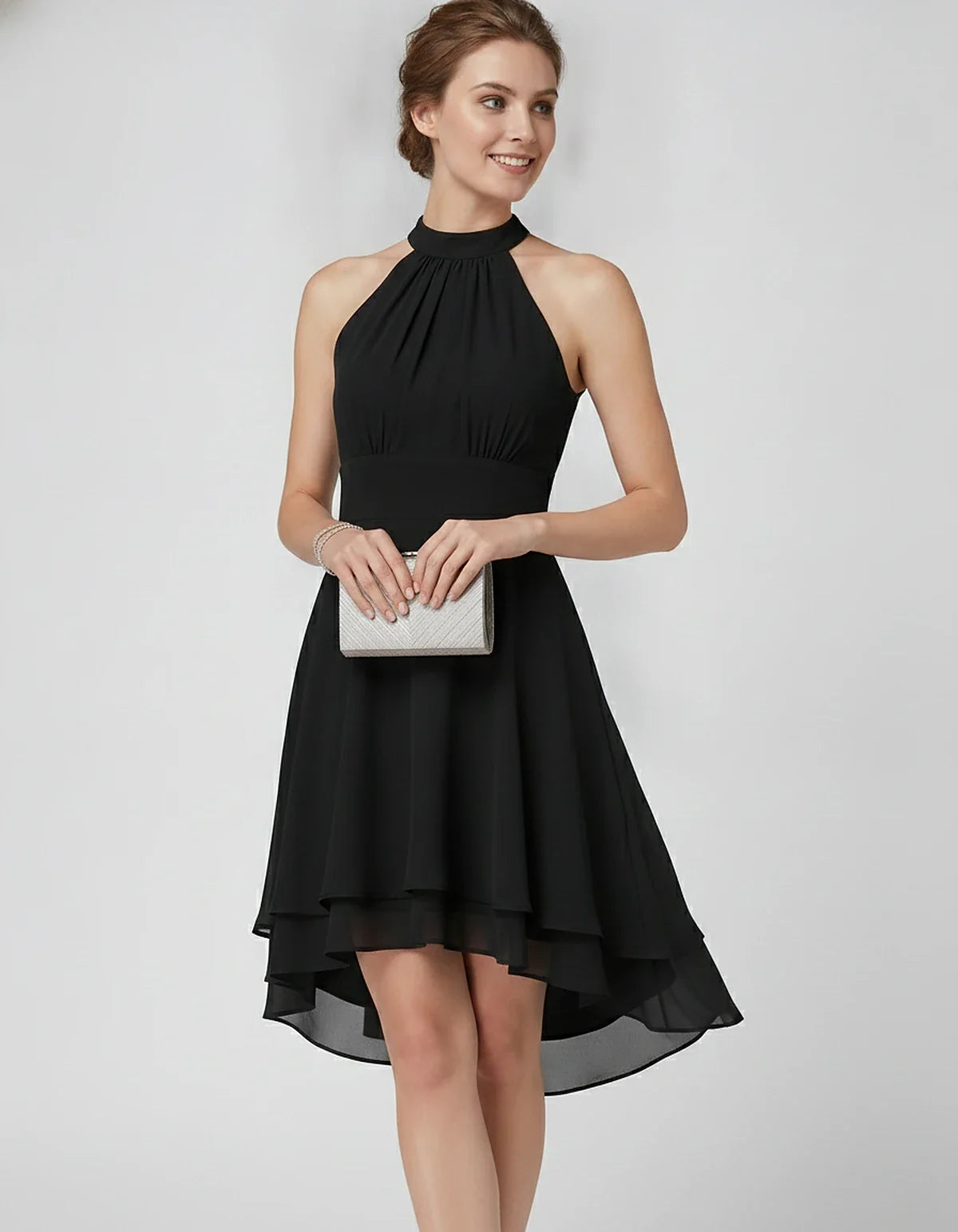 Chiffon Sleeveless Halter A-Line Mini Dress with Layered Hem for Party, Cocktail, Evening, Summer & Wedding Guest Events, fro | SKU: VMD-583920174615283-BLACK-L,VMD-583920174615283-BLACK-M,VMD-583920174615283-BLACK-S,VMD-583920174615283-BLACK-XL,VMD-583920174615283-BLACK-XS