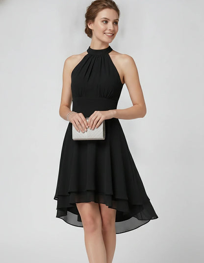 Chiffon Sleeveless Halter A-Line Mini Dress with Layered Hem for Party, Cocktail, Evening, Summer & Wedding Guest Events, fro | SKU: VMD-583920174615283-BLACK-L,VMD-583920174615283-BLACK-M,VMD-583920174615283-BLACK-S,VMD-583920174615283-BLACK-XL,VMD-583920174615283-BLACK-XS