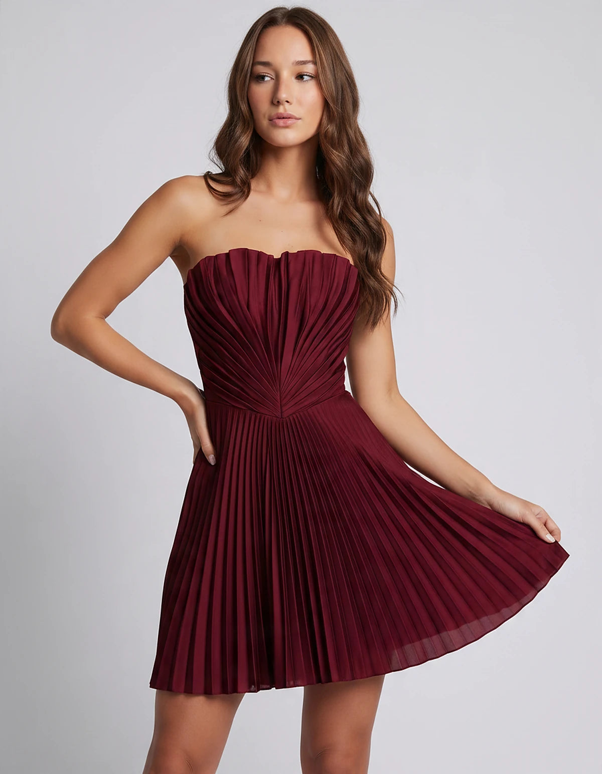 Satin Strapless A-Line Mini Dress with Pleated Bodice for Party, Cocktail, Evening, Summer Events & Wedding Guest Occasions, 