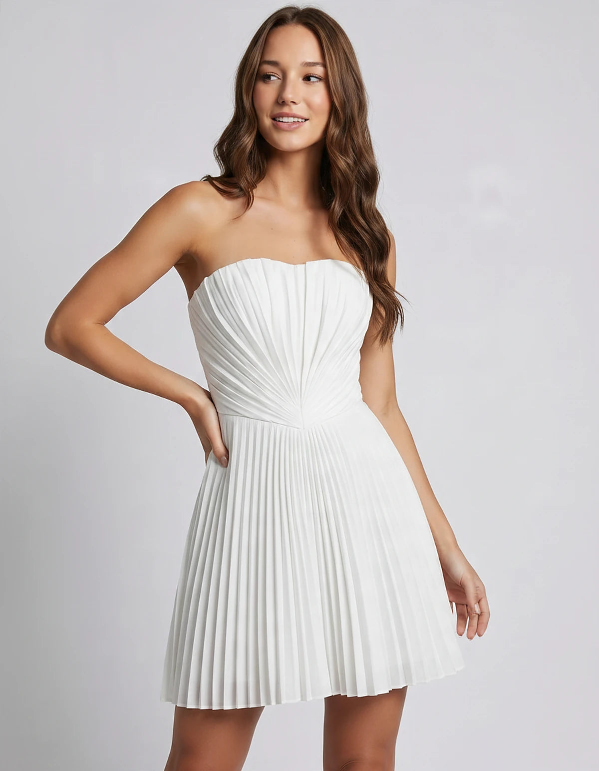 Satin Strapless A-Line Mini Dress with Pleated Bodice for Party, Cocktail, Evening, Summer Events & Wedding Guest Occasions, 
