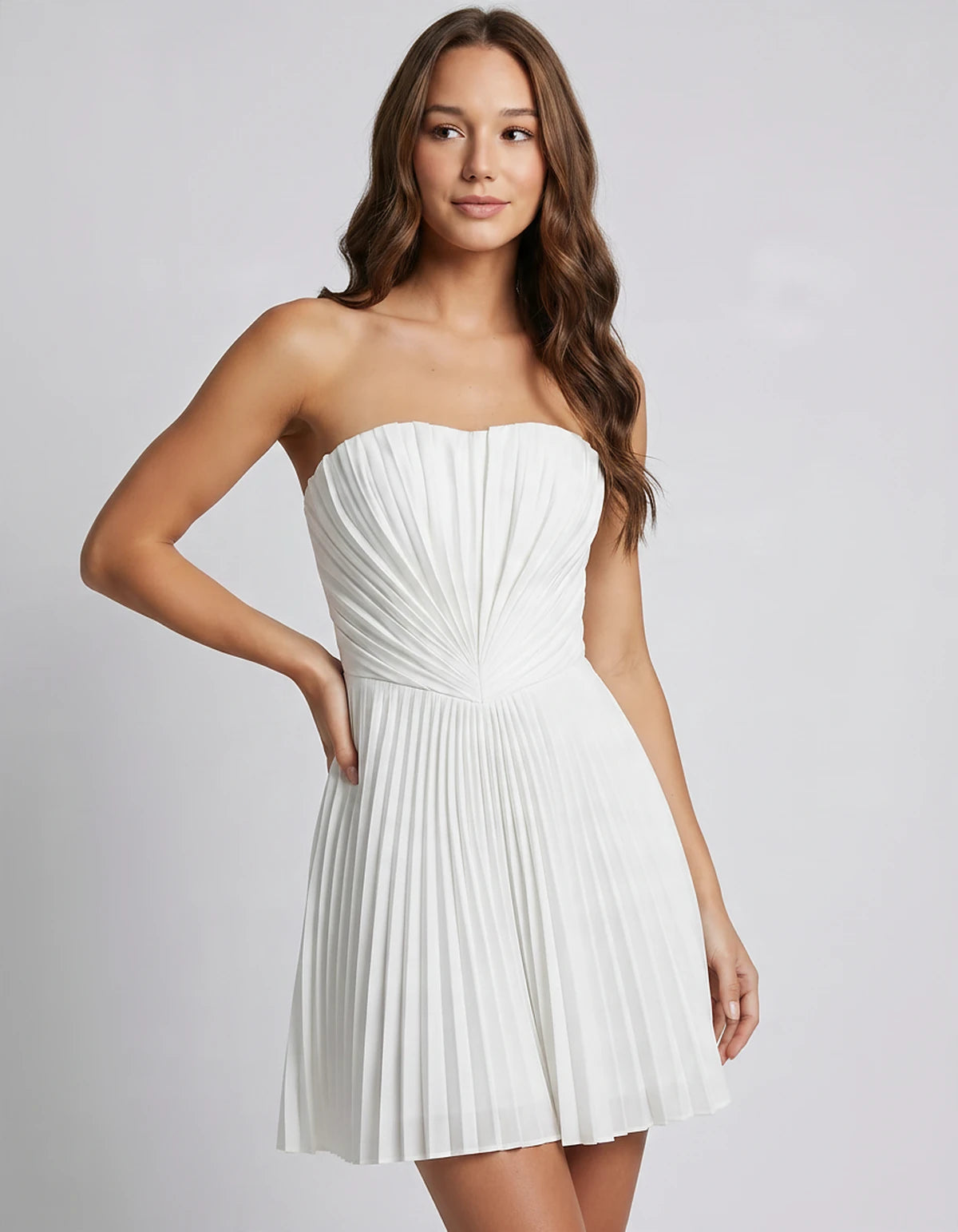 Satin Strapless A-Line Mini Dress with Pleated Bodice for Party, Cocktail, Evening, Summer Events & Wedding Guest Occasions, 