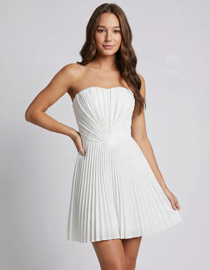 Satin Strapless A-Line Mini Dress with Pleated Bodice for Party, Cocktail, Evening, Summer Events & Wedding Guest Occasions, 