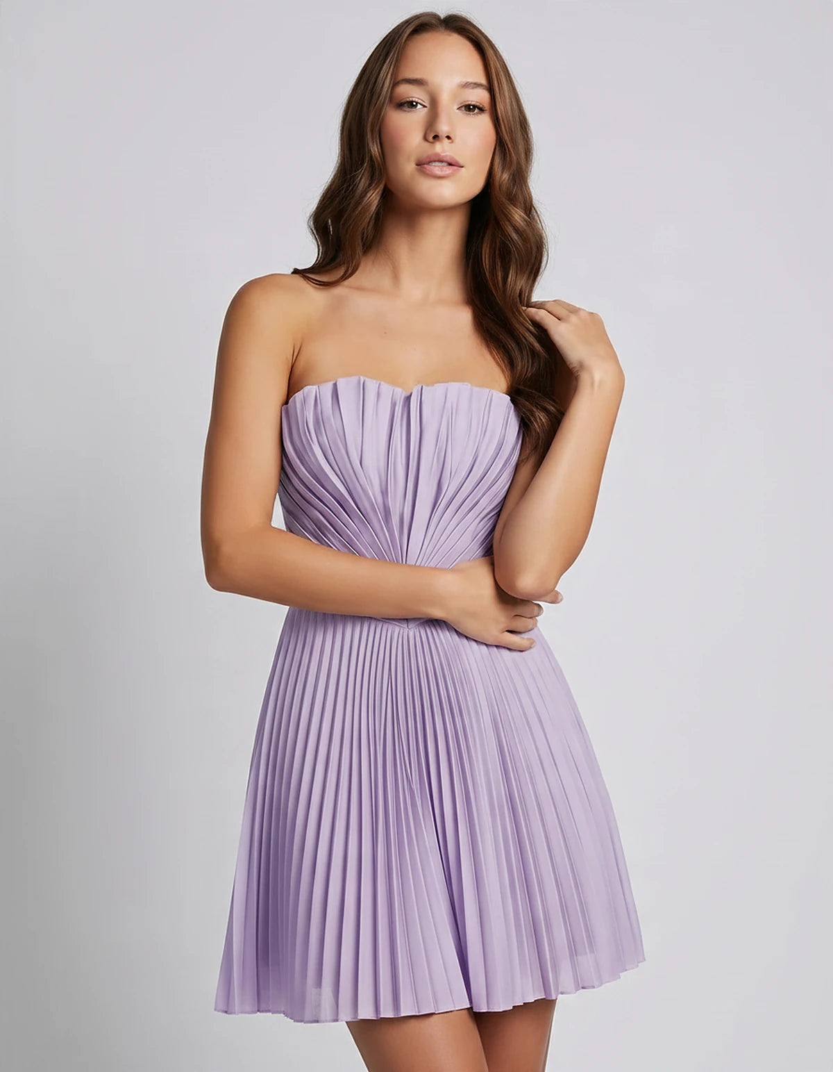 Satin Strapless A-Line Mini Dress with Pleated Bodice for Party, Cocktail, Evening, Summer Events & Wedding Guest Occasions, 
