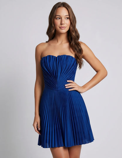 Satin Strapless A-Line Mini Dress with Pleated Bodice for Party, Cocktail, Evening, Summer Events & Wedding Guest Occasions, 