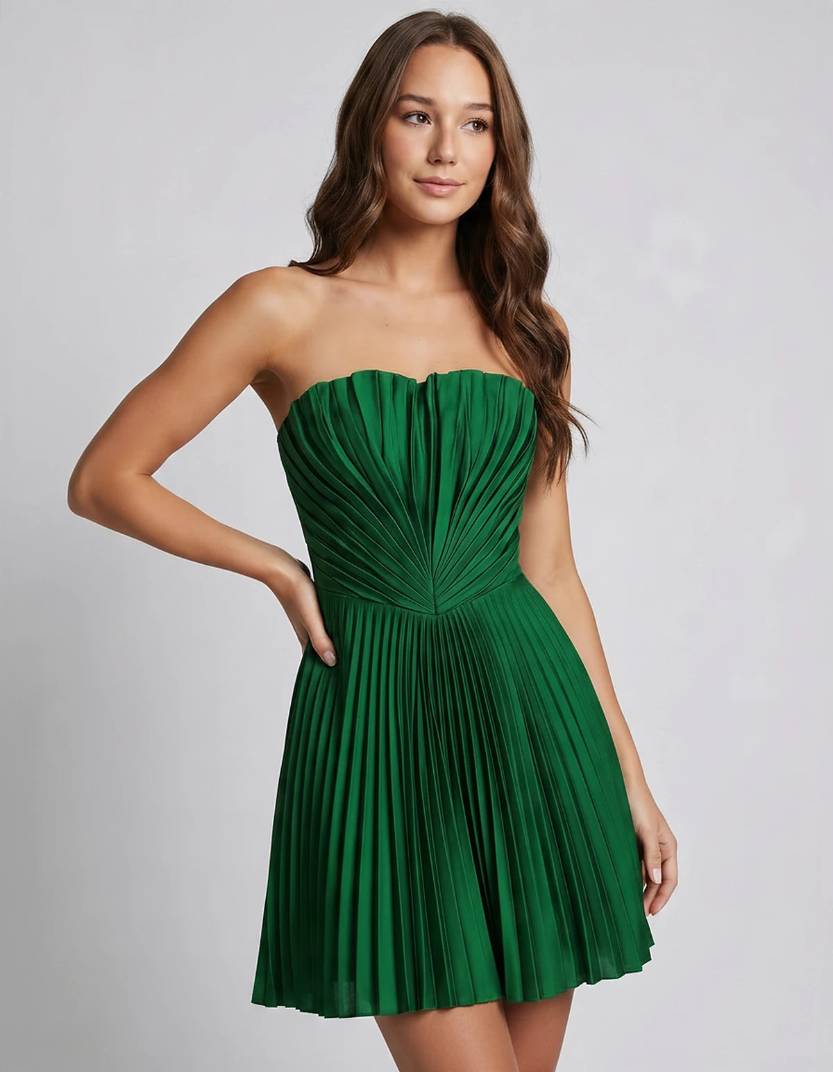 Satin Strapless A-Line Mini Dress with Pleated Bodice for Party, Cocktail, Evening, Summer Events & Wedding Guest Occasions, 