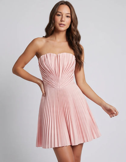Satin Strapless A-Line Mini Dress with Pleated Bodice for Party, Cocktail, Evening, Summer Events & Wedding Guest Occasions, 