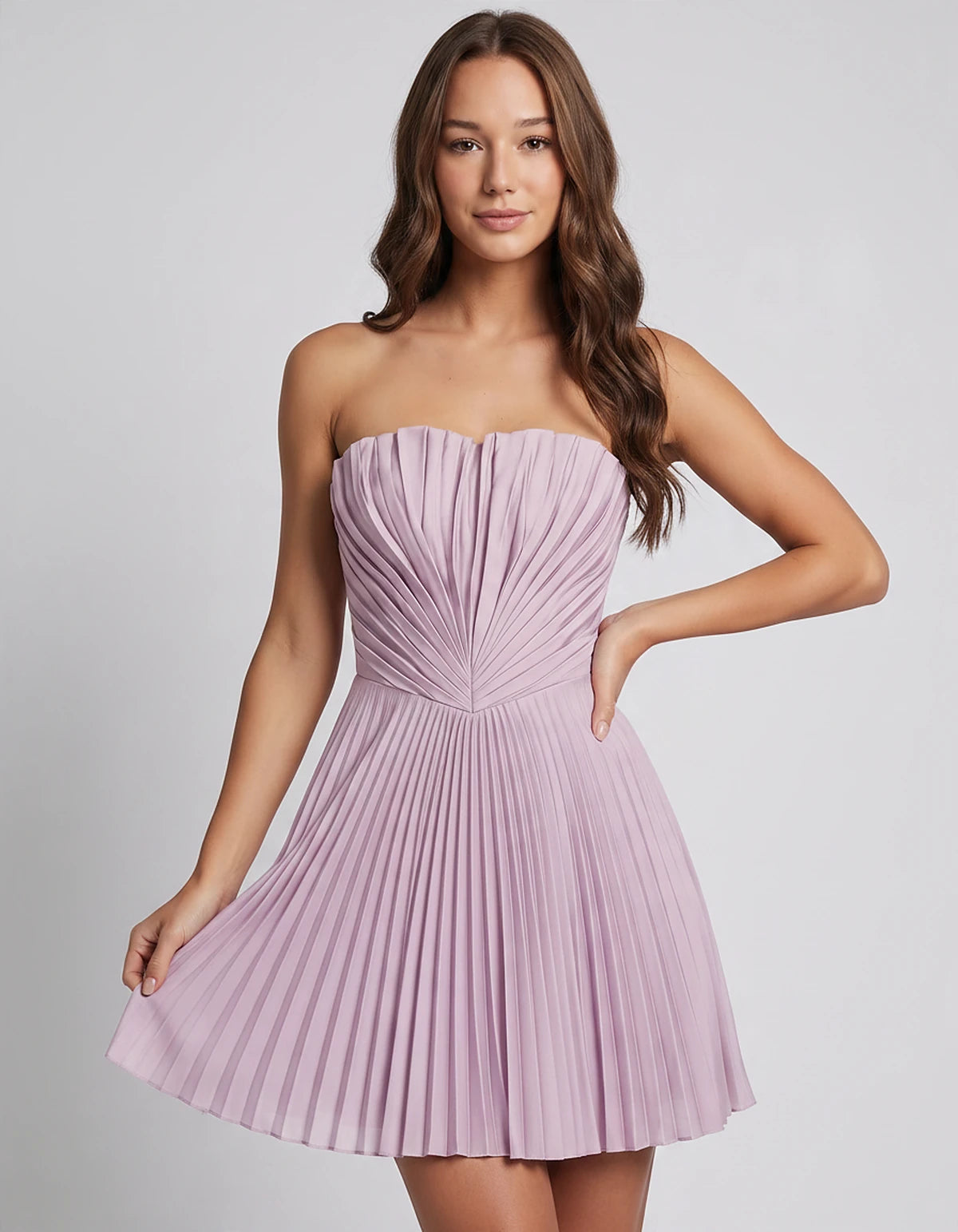 Satin Strapless A-Line Mini Dress with Pleated Bodice for Party, Cocktail, Evening, Summer Events & Wedding Guest Occasions, 