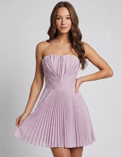 Satin Strapless A-Line Mini Dress with Pleated Bodice for Party, Cocktail, Evening, Summer Events & Wedding Guest Occasions, 