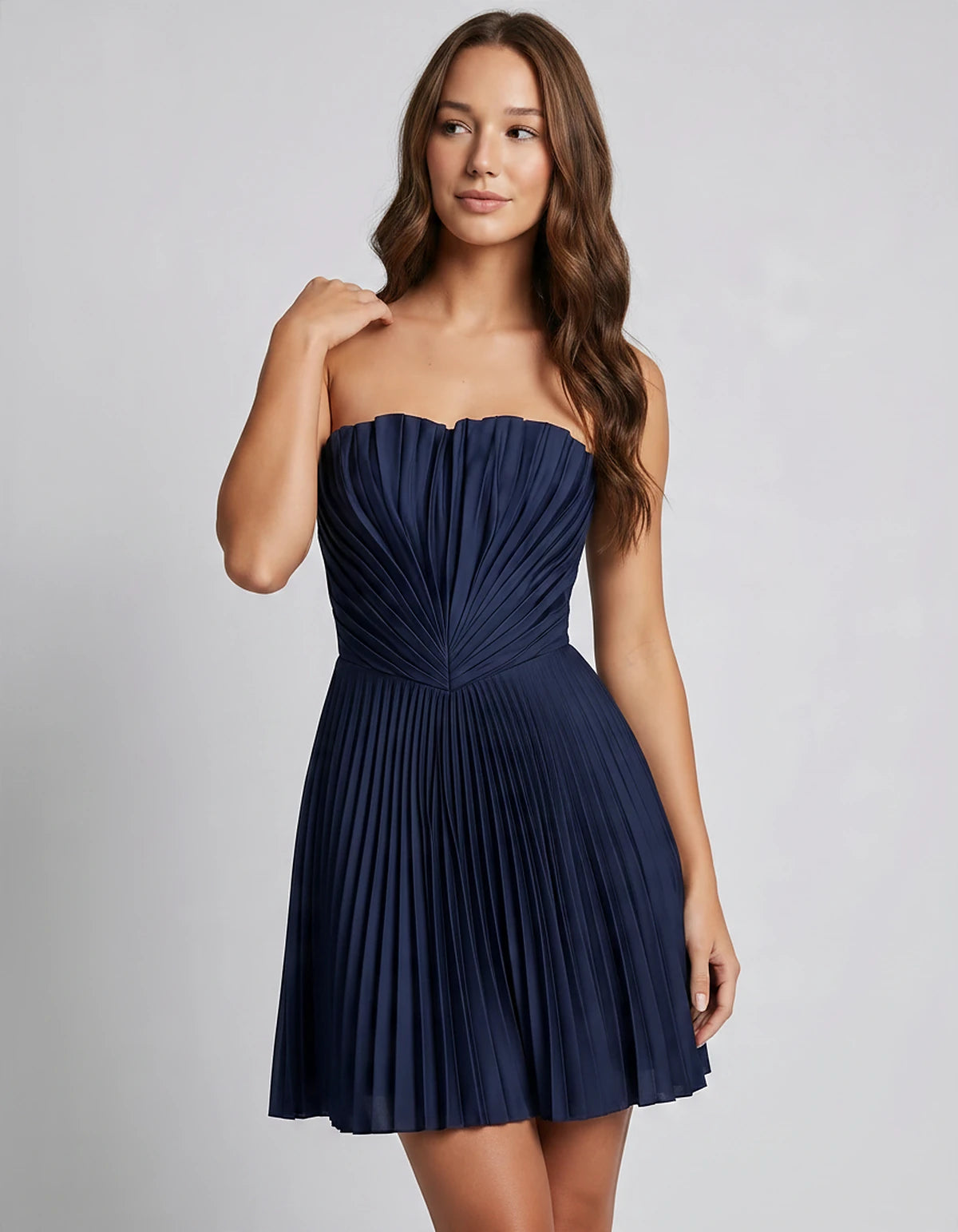Satin Strapless A-Line Mini Dress with Pleated Bodice for Party, Cocktail, Evening, Summer Events & Wedding Guest Occasions, 