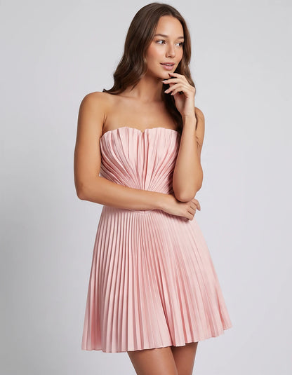 Satin Strapless A-Line Mini Dress with Pleated Bodice for Party, Cocktail, Evening, Summer Events & Wedding Guest Occasions, 