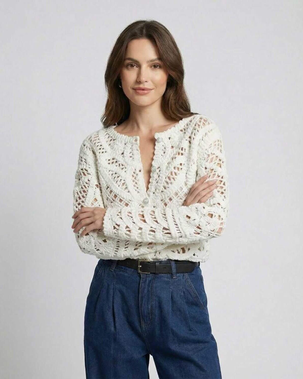 Velour Cardigan by RAMBLION, featuring a chic crochet knit design, perfect for layering and elevating any outfit.
