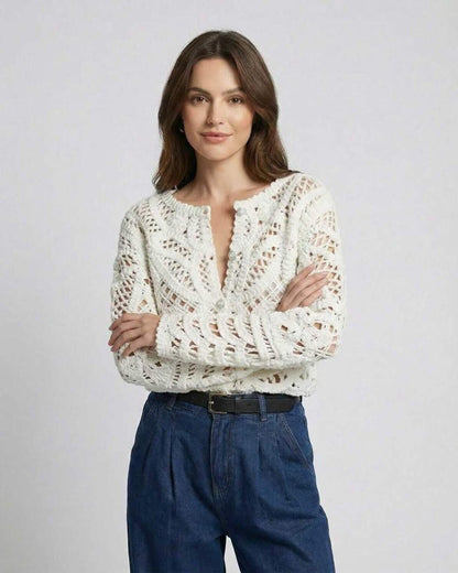 Velour Cardigan by RAMBLION, featuring a chic crochet knit design, perfect for layering and elevating any outfit.