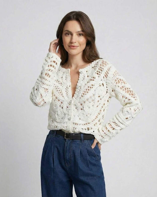 Velour Cardigan with crochet knit design, lightweight feel, perfect for layering, RAMBLION brand, stylish for any occasion.