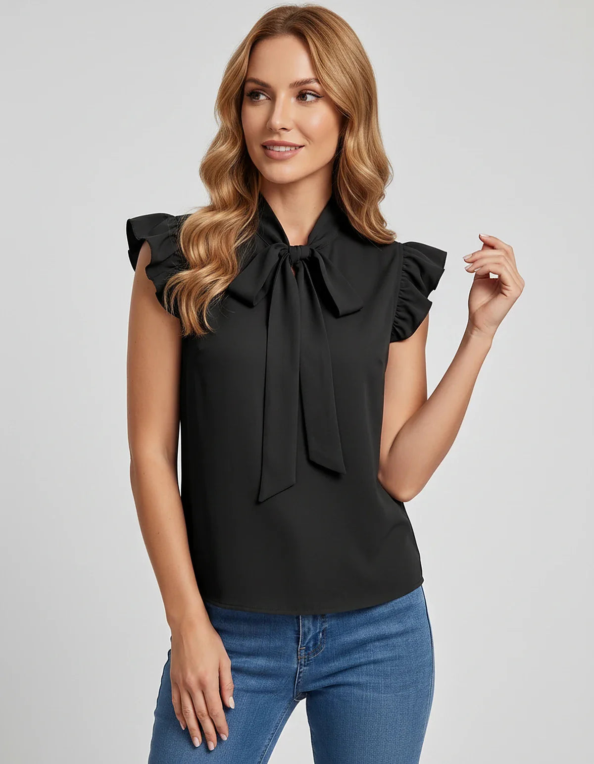 Women's Chiffon Tie-Neck Blouse with Ruffle Sleeves, Lightweight Regular Fit Summer Top for Office Wear, Business Casual & Ev | SKU: VBL-853947261-BLACK-L,VBL-853947261-BLACK-M,VBL-853947261-BLACK-S,VBL-853947261-BLACK-XL,VBL-853947261-BLACK-XS