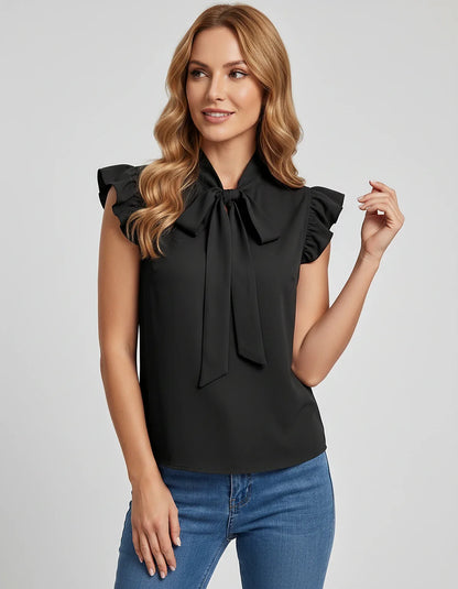 Women's Chiffon Tie-Neck Blouse with Ruffle Sleeves, Lightweight Regular Fit Summer Top for Office Wear, Business Casual & Ev | SKU: VBL-853947261-BLACK-L,VBL-853947261-BLACK-M,VBL-853947261-BLACK-S,VBL-853947261-BLACK-XL,VBL-853947261-BLACK-XS