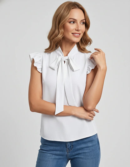 Women's Chiffon Tie-Neck Blouse with Ruffle Sleeves, Lightweight Regular Fit Summer Top for Office Wear, Business Casual & Ev | SKU: VBL-853947261-WHITE-L,VBL-853947261-WHITE-M,VBL-853947261-WHITE-S,VBL-853947261-WHITE-XL,VBL-853947261-WHITE-XS