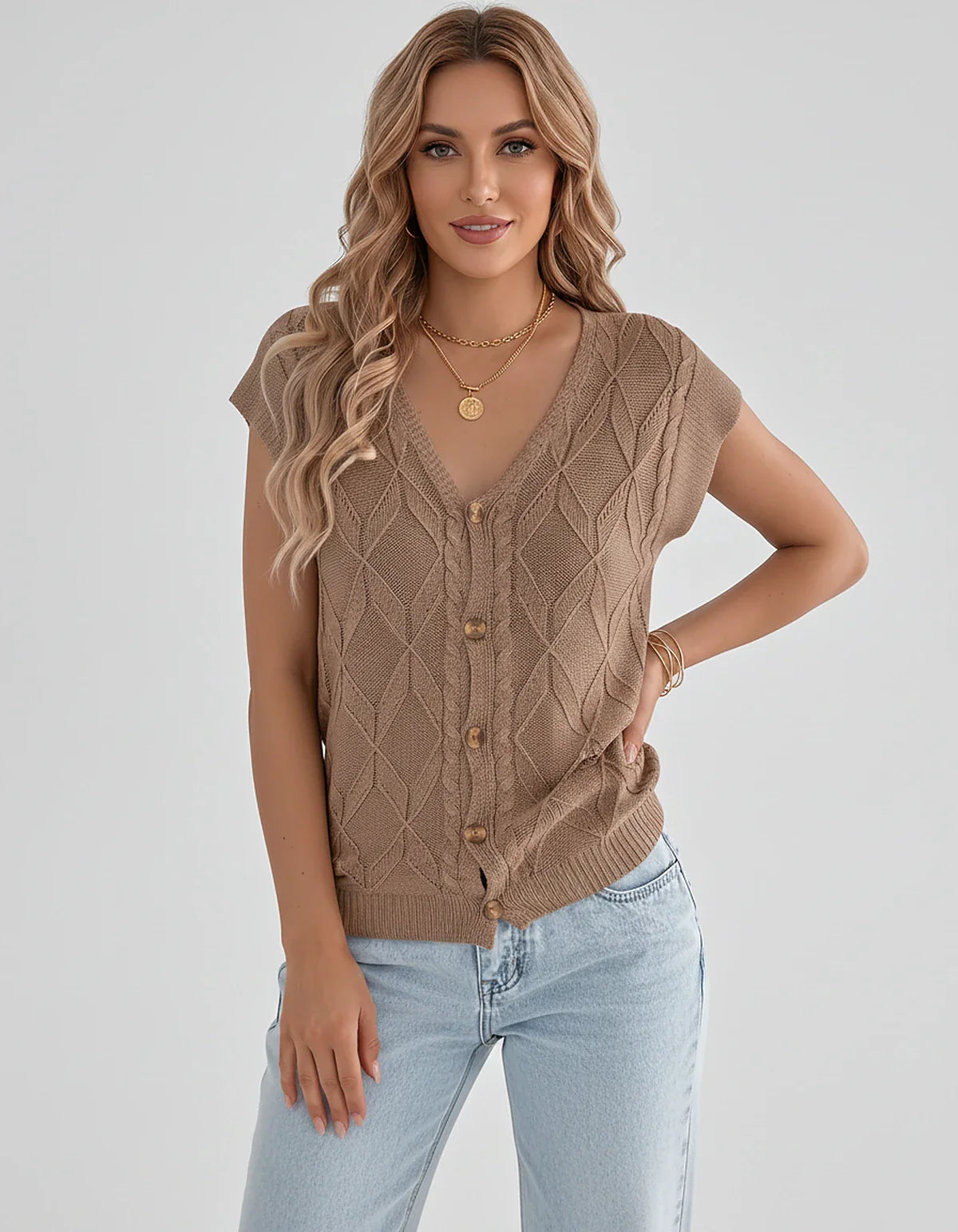 White,beige,brown,gray,black,orange,red,pink Linen Cardigan, front view | Ramblion | SKU: VC-482731564-BROWN-L,VC-482731564-BROWN-M,VC-482731564-BROWN-S,VC-482731564-BROWN-XL,VC-482731564-BROWN-XS