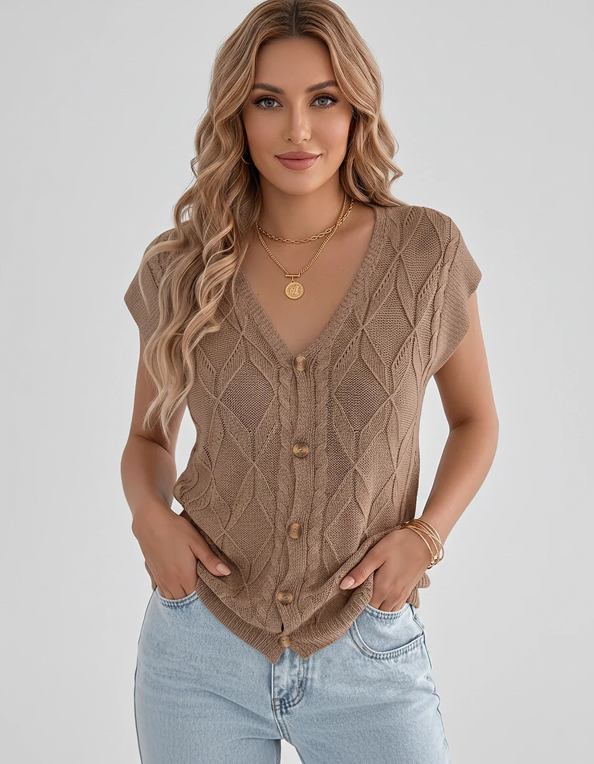 White,beige,brown,gray,black,orange,red,pink Linen Cardigan, front view | Ramblion | SKU: VC-482731564-BROWN-L,VC-482731564-BROWN-M,VC-482731564-BROWN-S,VC-482731564-BROWN-XL,VC-482731564-BROWN-XS