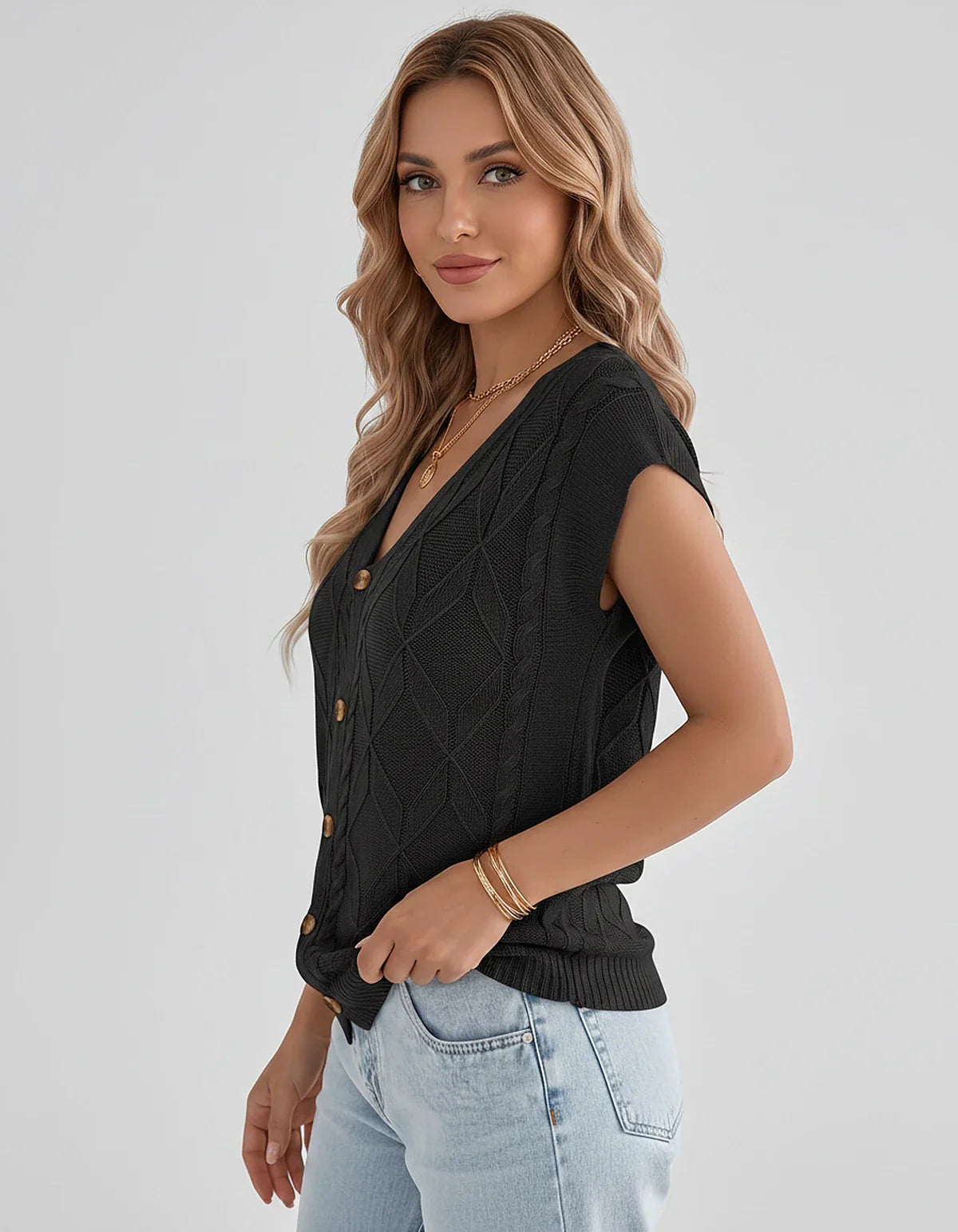 White,beige,brown,gray,black,orange,red,pink Linen Cardigan, side view | Ramblion | SKU: VC-482731564-BLACK-L,VC-482731564-BLACK-M,VC-482731564-BLACK-S,VC-482731564-BLACK-XL,VC-482731564-BLACK-XS