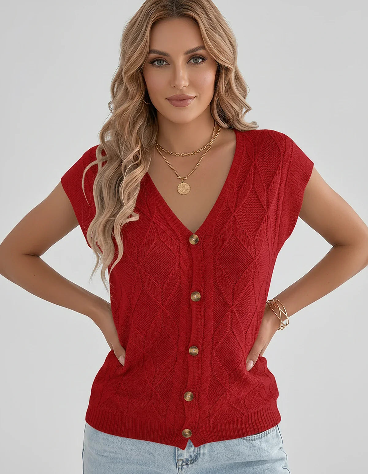 White,beige,brown,gray,black,orange,red,pink Linen Cardigan, front view | Ramblion | SKU: VC-482731564-RED-L,VC-482731564-RED-M,VC-482731564-RED-S,VC-482731564-RED-XL,VC-482731564-RED-XS