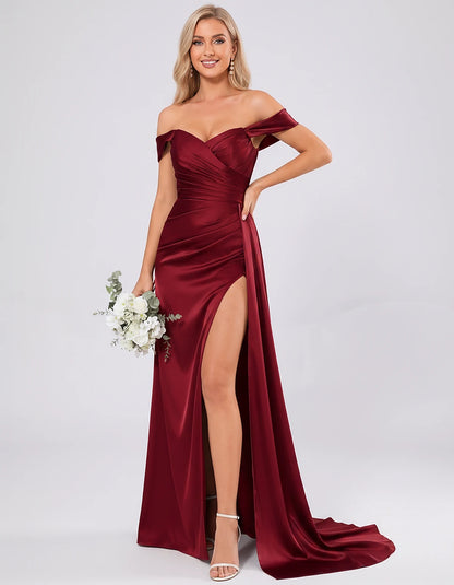 Polyester Satin Off-the-Shoulder Sweetheart A-Line Maxi Evening Dress for Party, Cocktail, Wedding Guest, Formal Events & Sum
