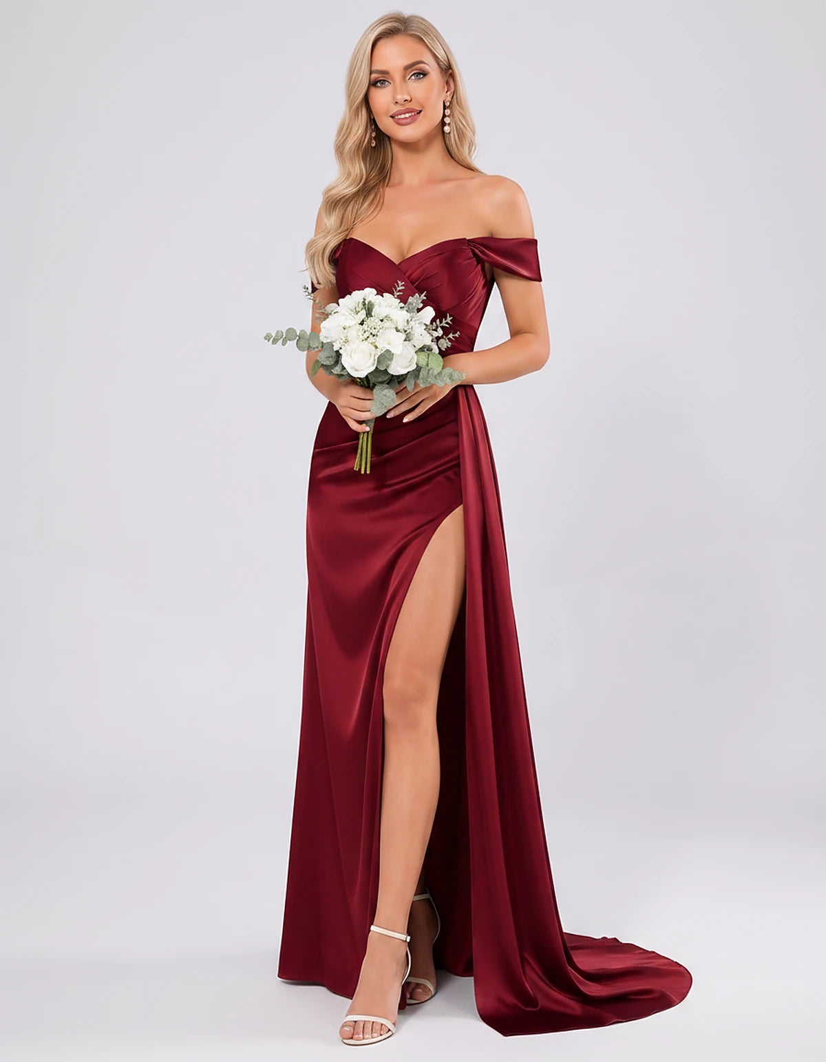 Polyester Satin Off-the-Shoulder Sweetheart A-Line Maxi Evening Dress for Party, Cocktail, Wedding Guest, Formal Events & Sum